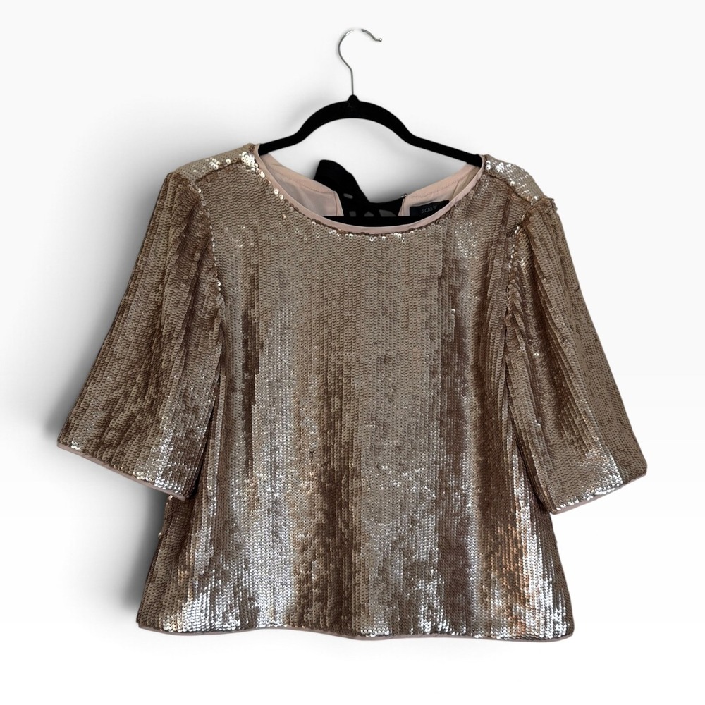 J.Crew Sequin Lace Up Back Top Champagne Gold Velvet Tie Elbow Sleeve Blouse